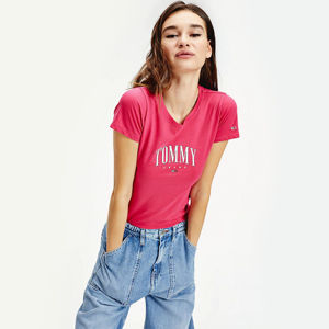 Tommy Jeans dámské tmavě růžové tričko Script - XS (XIF)